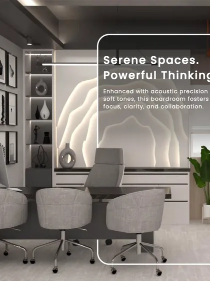This executive office features a stunning backlit parametric wall, creating a serene yet powerful focal point. The design focuses on acoustic precision and soft tones to foster clarity and collaboration.