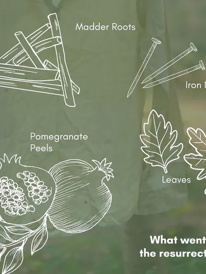 This graphic shows what went into the resurrection of the stained shirt. I used natural elements like madder roots, pomegranate peels, iron, and leaves to create the new design.