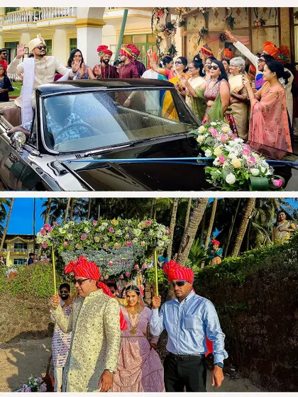A collage showing the groom's grand entrance in a vintage car and the bride's beautiful beach procession in Goa.