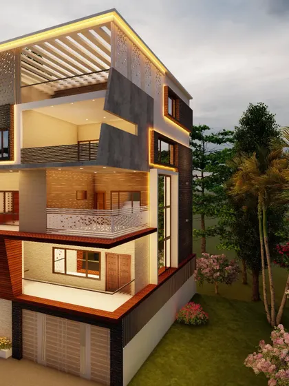 A unique, angular design concept for a home in Bangalore, featuring dynamic, intersecting planes and varied window placements.
