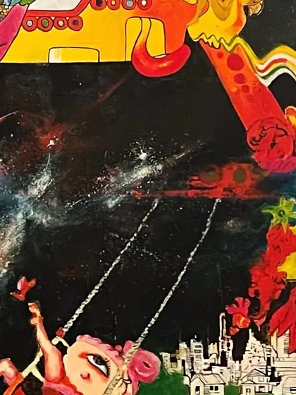 A detail from 'Lemniscate of Music', focusing on the surreal imagery inspired by classic rock album art.