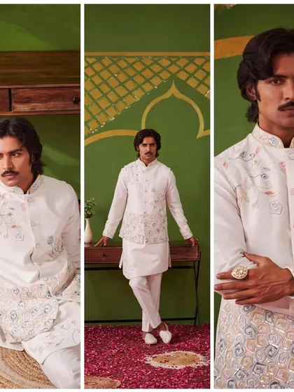 A triptych of a white kurta set with a delicately embroidered waistcoat. This ensemble from the Nazaakat collection is the epitome of grace and understated elegance.