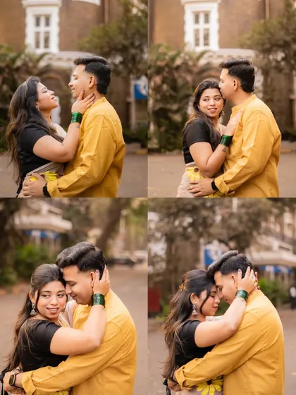 A collection of four intimate pre-wedding portraits against an urban backdrop. Each frame captures a different loving glance and embrace, showcasing the couple's natural chemistry.
