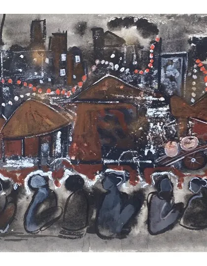 This 1994 acrylic on paper by Rekha Rao, titled 'Diwali', offers a different perspective on the festival. It combines a cityscape with seated figures, blending the public celebration with private moments, and has been both exhibited and published.