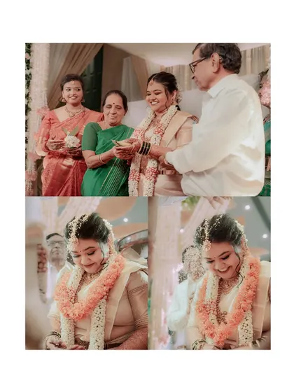 A collage of happy moments from the wedding ceremony, showing the bride interacting with her family. These images are filled with smiles and love.