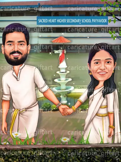 A special request to feature the couple's school in the background, the place where their story began. I love adding these personal details to make the artwork truly unique.