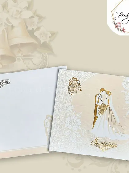 A classic Christian wedding invitation with a gold-foiled illustration of a couple and church bells, perfect for a timeless ceremony.