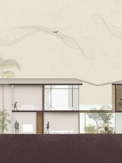 This illustrated section of the House of Veils shows how the different spaces flow into one another. The drawing highlights the large living areas, the connection to the pool, and the way the design progressively unveils itself.