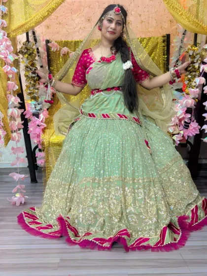 A collection showcasing a beautiful client in our pastel green and pink lehenga with floral jewelry, perfect for a daytime Mehendi or Haldi.