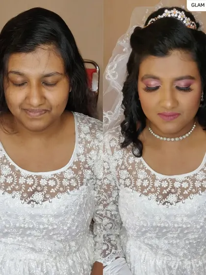 A side-by-side look at a Christian bride's transformation. The final look is minimal yet flawless, with soft pink smokey eyes and a neat updo, perfect for walking down the aisle.