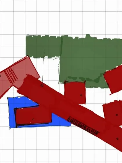 A process sketch showing a more linear, fragmented approach to a building's layout, allowing for greater integration with the landscape.