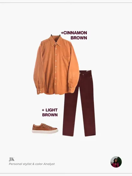 Here's a great monochromatic look for men. Pairing wine-colored trousers with a cinnamon brown shirt and light brown shoes creates a sophisticated and cohesive outfit.