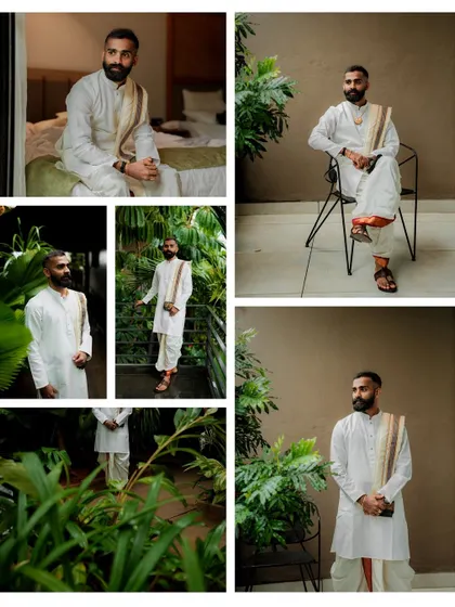 A collage of the groom getting ready, capturing his moments of preparation and his final look in traditional wedding attire.