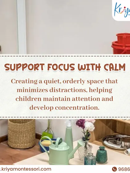 A quiet, orderly space with minimal distractions is key to developing deep concentration. Here, practical life tools like watering cans and brooms are neatly arranged, inviting purposeful work.