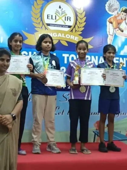 The gold rush begins. Jashira Reddy P stands on the podium after bringing home the Gold in Girls Singles U10 at the Elixir Inter-School Badminton Tournament.