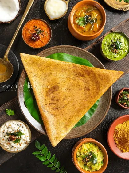 A top-down shot of a Ghee Podi Dosa, a triangular crepe surrounded by an array of colorful chutneys and spices.