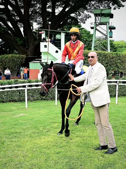 Crosswater, with jockey Aleemuddin, after winning the memorial trophy.