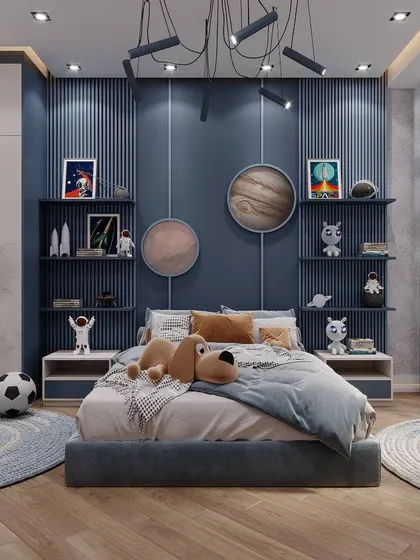 A repeat of the space-themed bedroom (ID 101), highlighting the custom shelving and decorative elements that bring the cosmic adventure to life.