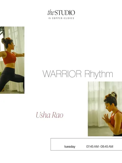 This graphic promotes my weekly WARRIOR Rhythm class at The Studio. Consistency is key to building a strong community, and as a certified instructor, you'll have the tools to market and fill your own regular classes.