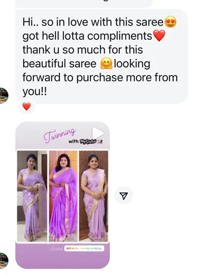 "Hi.. so in love with this saree. got hell lotta compliments." It's amazing to see besties twinning in our lilac pure Mysore crepe embroidery sarees.