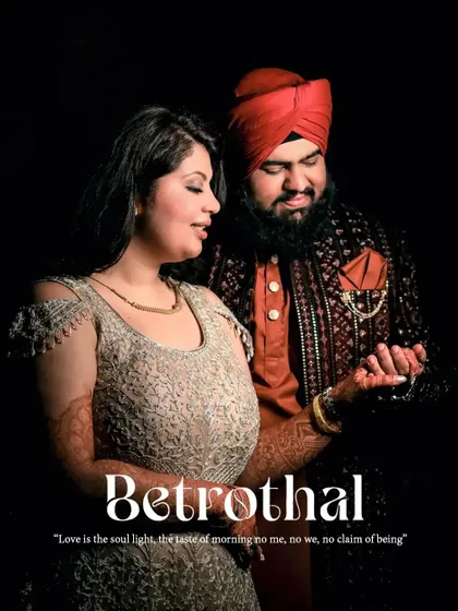 "Betrothal." A beautiful studio-style portrait of Harleen and Karan, capturing the solemnity and love of their engagement.