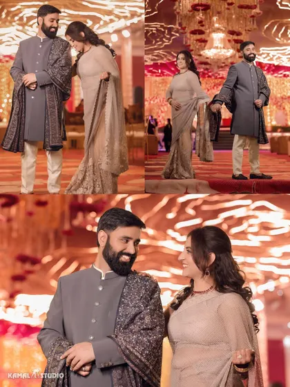 A collage of the couple's portraits, showing them walking together and sharing loving glances at their reception.
