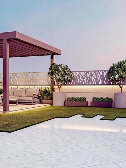 This 3D visualization demonstrates our design process for a residential terrace in Kirtinagar. Before any physical work begins, we provide clients with a detailed render showing the proposed layout, including the pergola, seating arrangements, planters, and lighting scheme.