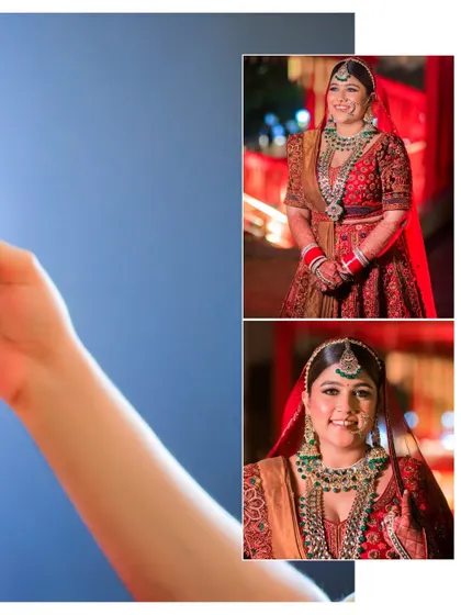 A collage showcasing the bride's portraits and a happy, candid moment with her groom. The vibrant colors of their outfits and the joyful expressions are the focus.