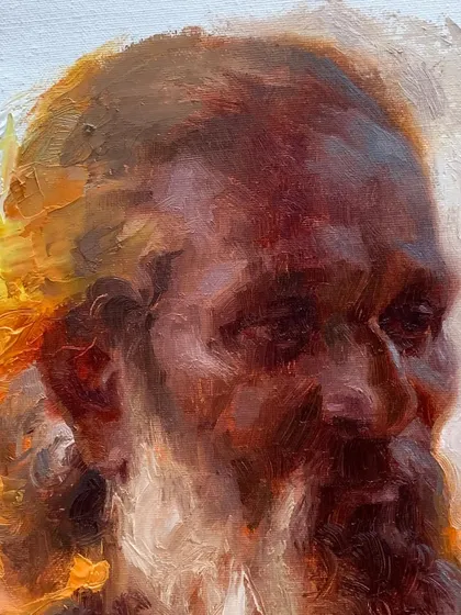 This detail shot shows the complex layering of warm and cool tones to build form. The texture is not just decorative; it is fundamental to how I represent the play of light on skin and hair.