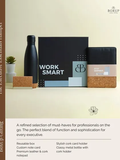 The Executive Essentials Hamper is a refined selection of must haves for professionals on the go. This welcome kit includes a classy metal bottle and a premium leather and cork notepad.