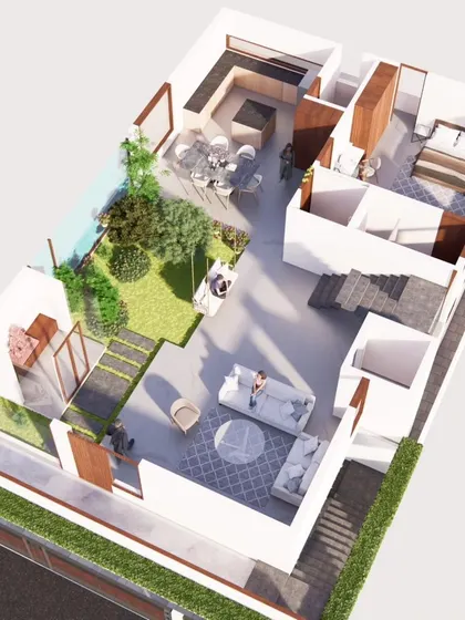 This 3D axonometric view for Mr. Sai's residence helps clients visualize the entire home at a glance. It shows the integration of the living room, pooja space, and a lush landscape courtyard with a skylight.