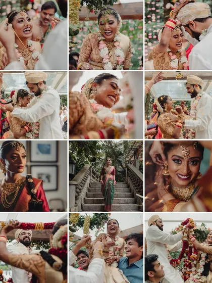 A collage capturing various emotional and happy moments from a South Indian wedding, from the bride's entry to the couple's playful interactions during the rituals.