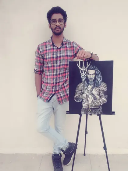 Here I am with my finished acrylic painting of Aquaman. This shows the scale of the canvas and the final result of many hours of work.