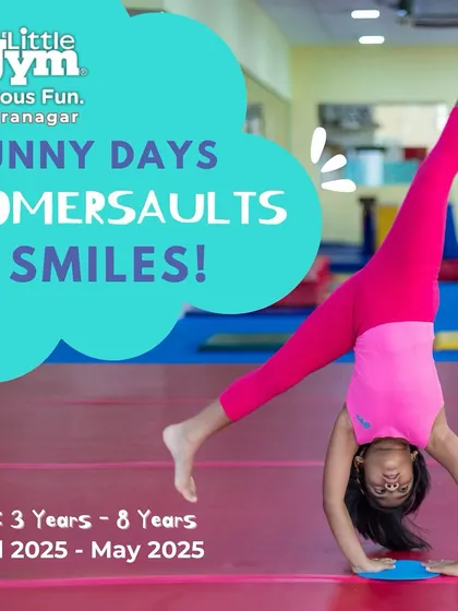 "Sunny Days, Somersaults & Smiles!" This poster for our summer camp features a young gymnast mid-cartwheel, capturing the energy and fun of our program.