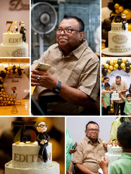 This collage celebrates a 75th birthday, showcasing our ability to tell a complete story. We capture everything from the detailed cake and decor to the candid expressions of the guest of honor and the joyful family interactions.