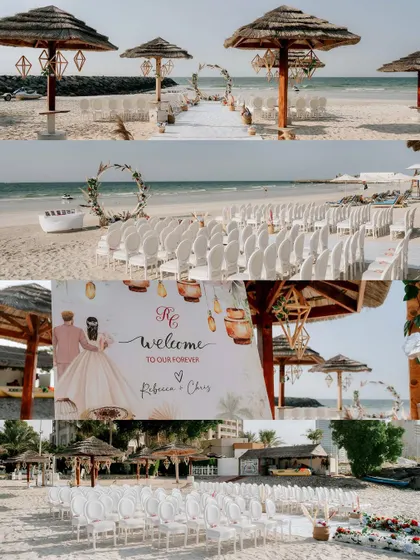A collage showcasing the beautiful and rustic decor of a beach wedding ceremony in the UAE.