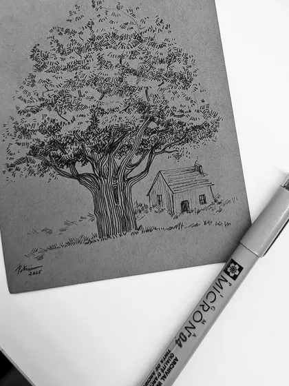 A peaceful ink drawing of a large tree and a small hut, done on toned paper. This sketch captures a quiet, rural feeling.