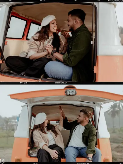 A diptych of candid moments from inside the van, capturing their laughter and high-fives.