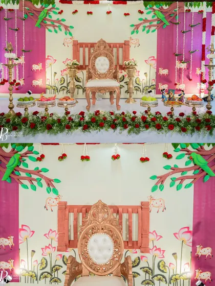 A collage showing the details of a Pichwai-inspired baby shower, with cow and parrot motifs, and a traditional swing chair.