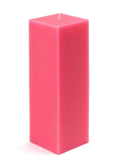 A bright pink square pillar candle. This modern shape combined with a vibrant color makes for a fun and eye-catching decorative piece.