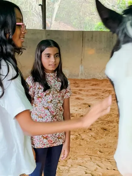 The bond between a rider and a horse is built on trust and gentle interaction. Two young campers share a quiet moment with a paint horse, learning its personality and how to communicate with patience and kindness.