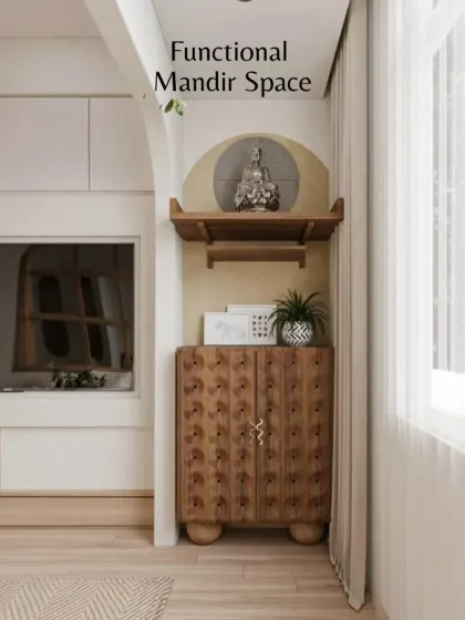A functional mandir space doesn't have to be large. We designed this peaceful corner with a simple shelf and a beautiful carved cabinet below, integrating it seamlessly into the living area.