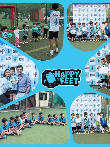 This collage is a snapshot of the non stop fun and celebration at Happy Feet. You can see kids in their drills, posing with certificates, and enjoying moments with their parents and coaches.
