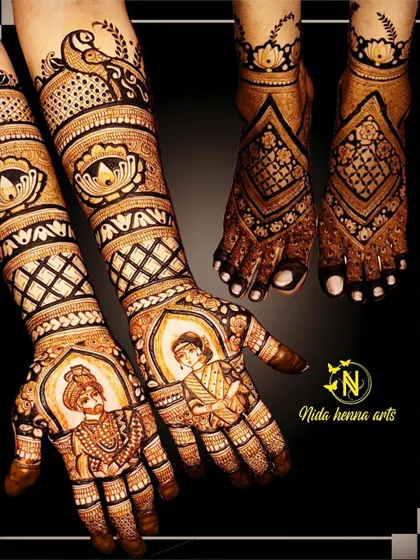 A complete bridal look, showing the figurative Maharashtrian couple on the hands and the matching traditional designs on the feet.