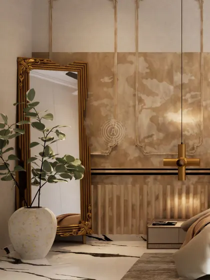 A close-up of the bedroom render, showing a large, ornate gold-framed mirror leaning against a wall with a textured, painterly finish. The design mixes classic luxury with modern artistry.
