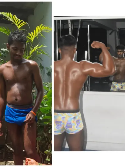 A side-by-side comparison showing a client's one-month progress. The 'after' shot in the mirror reveals new back and shoulder muscle definition.
