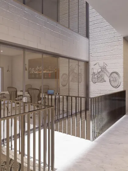 The multi-level atrium and circulation spaces in our Nandi Souls design. We designed the common amenities along this vertical path to make walking up the stairs an interesting and social experience.