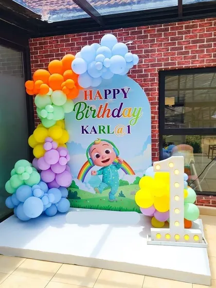 I love bringing popular themes to life, especially for a child's first birthday. This Cocomelon setup features a custom backdrop, a vibrant balloon garland, and a light-up marquee number to make the celebration extra special.