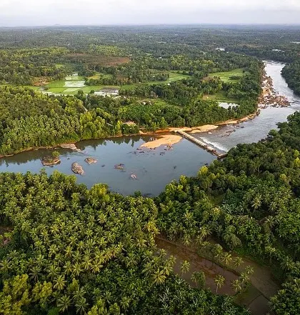 The Haladi river winds through a dense forest near Udupi. This aerial view captures the untouched beauty of the coastal region's river systems.