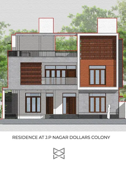 An upcoming project. This clean, 2D elevation drawing for a residence in JP Nagar Dollars Colony clearly communicates the material choices and formal composition of the facade design.